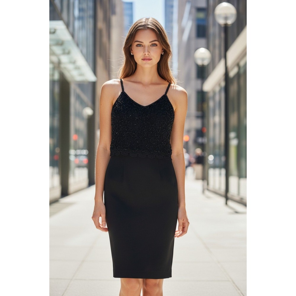 Victoria Royal Black Beaded Lace Cocktail Dress Spaghetti Strap Sheath Size 4